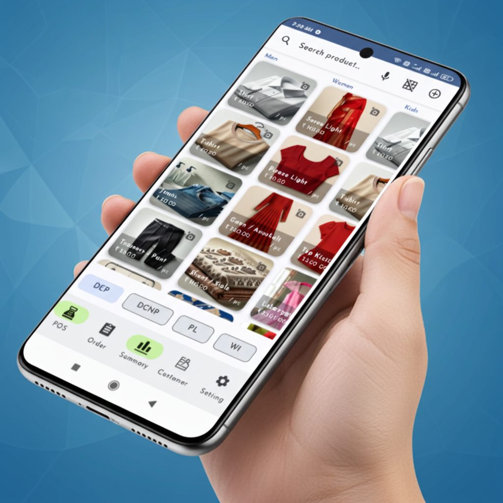 Laundry POS billing screen with barcode garment tracking